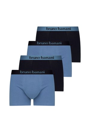 Vier Paare Boxer-Shorts in Blau und Schwarz, ausgestattet mit elastischen Taillengummis und "bruno banani"-Markenaufdruck. Glatte Textur und figurschmeichelndes Design.