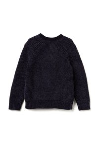 Námořnické modré pletené svetr s texturovaným vzorem, kulatým výstřihem a žebrovanými manžetami a lemem. Obsahuje raglánové rukávy pro lepší padnutí.