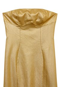 Robe sans bretelles dorée en tissu texturé et brillant. Elle présente un corsage ajusté et des coutures lisses, s'effilant vers l'ourlet.