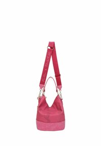 Borsa di tessuto rosa con fondo testurizzato, caratterizzata da un design morbido e una tracolla regolabile che mostra il testo "Frida Kahlo."