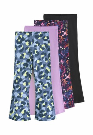 Quatre paires de leggings pour enfants imprimé léopard bleu, lavande unie, marine avec éclaboussures colorées et noir uni, disposés en chevauchement.