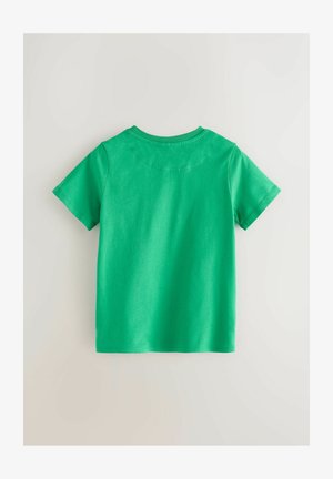Zelené tričko s krátkym rukávom vyrobené z bavlny. Má okrúhly výstrih a prešívaný lem. Hladká textúra s jednotnou farbou. Bez vzorov.