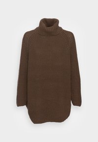 Brauner gestrickter Pullover mit hohem Rollkragen, langen Ärmeln und bequemer Passform. Die Struktur ist grob mit einem durchgehenden Rippenmuster.