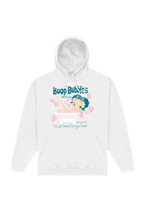 Biała bluza z kapturem z grafiką w stylu kreskówki przedstawiającą dziewczynkę w wannie z bąbelkami, tekst "Boop Bubbles" oraz akcenty w kolorze różowym i turkusowym.