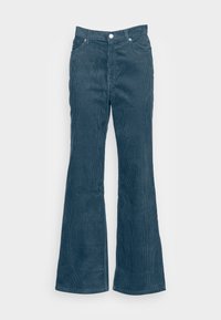 Bredbyxor i kordfloss i mörk teal, med vertikal ribbning, midja med bältesöglor och metallknapp som stängning.