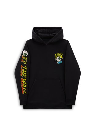Hoodie noir en mélange de coton. Il présente une poche avant, des designs graphiques sur la poitrine et la manche, ainsi qu'une capuche avec cordon de serrage.