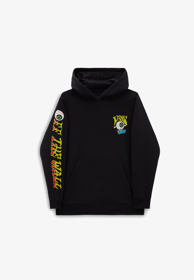 Hoodie noir en mélange de coton. Il présente une poche avant, des designs graphiques sur la poitrine et la manche, ainsi qu'une capuche avec cordon de serrage.