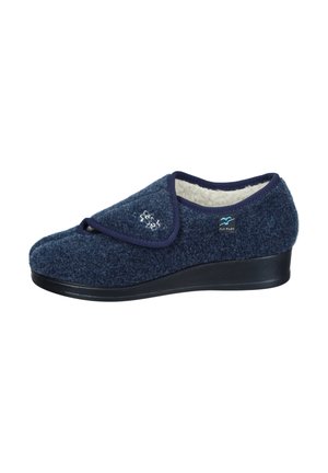 Blue wool slip-on slipper with a soft, fleece lining and black rubber sole. Features an embroidered design and contrasting trim along the opening.