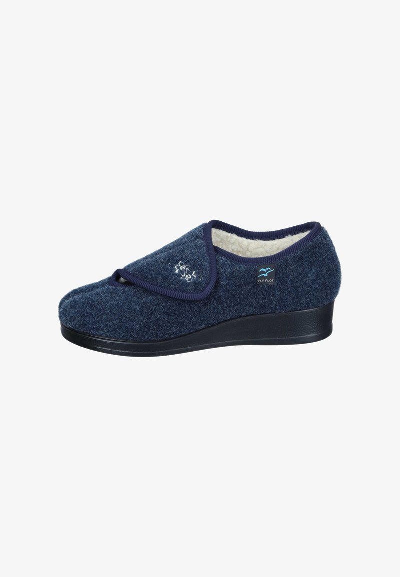 Blaue Wolle-Pantolette mit einem weichen Fleece-Futter und schwarzer Gummisohle. Sie verfügt über ein stickendes Design und einen kontrastierenden Besatz entlang der Öffnung.