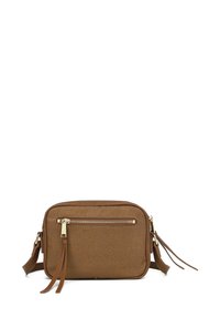Borsa a tracolla in pelle marrone con superficie testurizzata, chiusura con zip dorata e due nappine sui lati. Forma rettangolare con tracolla regolabile.