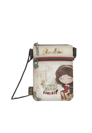 Piccola borsa a tracolla con cerniera, parte superiore beige, illustrazione di una ragazza dei cartoni animati e testo "Conosci te stesso" sulla parte anteriore.