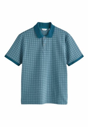 Blue short-sleeve polo shirt with a dark blue collar and cuffs, featuring a small checkered pattern and two buttons at the neckline.