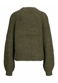 Donkergroene gebreide trui met een gestructureerd, chunky patroon, ruime mouwen en een ronde halslijn. De achterkant heeft een platte, naadloze afwerking.
