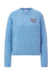 Blue knitted sweater with a round neck, long sleeves, and a textured finish. Features a silver heart embellishment on the chest.