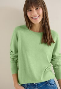 Femme souriante aux cheveux bruns raides, portant un pull à manches longues vert clair et un jean bleu, sur un fond beige.