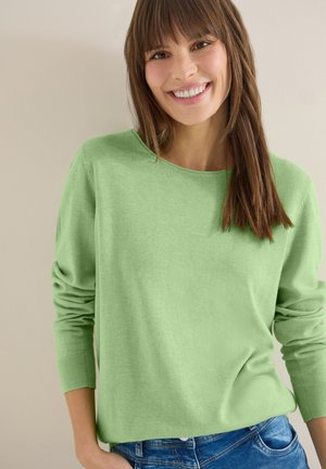 Femme souriante aux cheveux bruns raides, portant un pull à manches longues vert clair et un jean bleu, sur un fond beige.