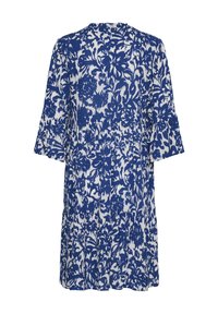 Robe bleue et blanche à fleurs, ample et arrivant au genou, avec des manches évasées trois-quarts et un col rond, vue de dos.