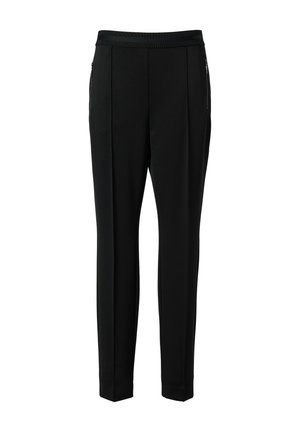 Black tailored pants made of lightweight fabric, featuring a smooth texture, an elastic waistband, and zippered side pockets.