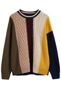 Maglione lavorato a maglia con un mix di pannelli testurizzati in olivastro, beige, bordeaux, crema, blu navy e senape. Collo e polsini a coste.