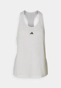 White athletic tank top with a scoop neckline and racerback design. Features a small black logo on the chest. Smooth, lightweight fabric.