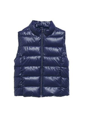 Mørkeblå, quiltet dunvest med høj krave og lynlås foran, ærmeløs og polstret for isolering.