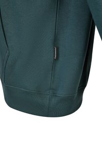 Dark green sweatshirt with a relaxed fit, featuring a textured fabric, ribbed cuffs and hem, and a small brand label on the side seam.