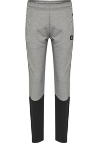 Grijze en zwarte sportbroek gemaakt van een zachte, rekbare stof met een elastische tailleband en een logo-patch op het bovenbeen.
