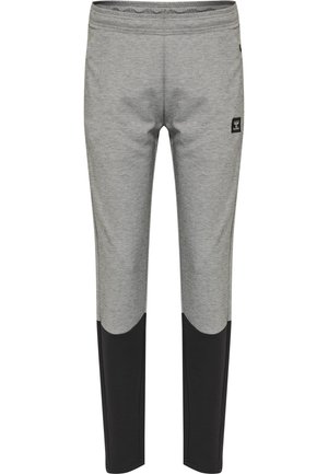 Gray and black athletic pants made from a soft, stretchable fabric with an elastic waistband and a logo patch on the upper leg.
