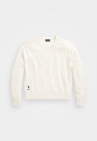 Jersey de punto color crema con cuello redondo, puños y dobladillo acanalados, que presenta un pequeño logotipo en navy en la parte inferior izquierda.