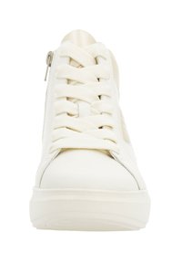 White sneaker with a smooth leather upper. Features crisscross laces and a side zip closure. Rounded toe and textured rubber sole.