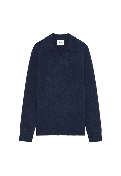 Marinblå stickad tröja med krage och långa ärmar, visad liggande på en vit bakgrund.