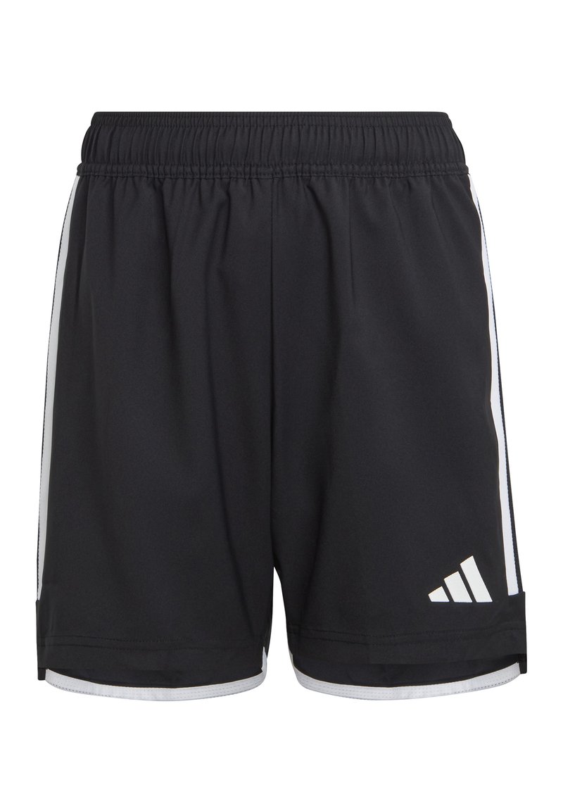 Schwarze Sportshorts mit einem elastischen Bund, weißen Seitenstreifen und einem auf der unteren Vorderseite rechts aufgedruckten weißen Logo.