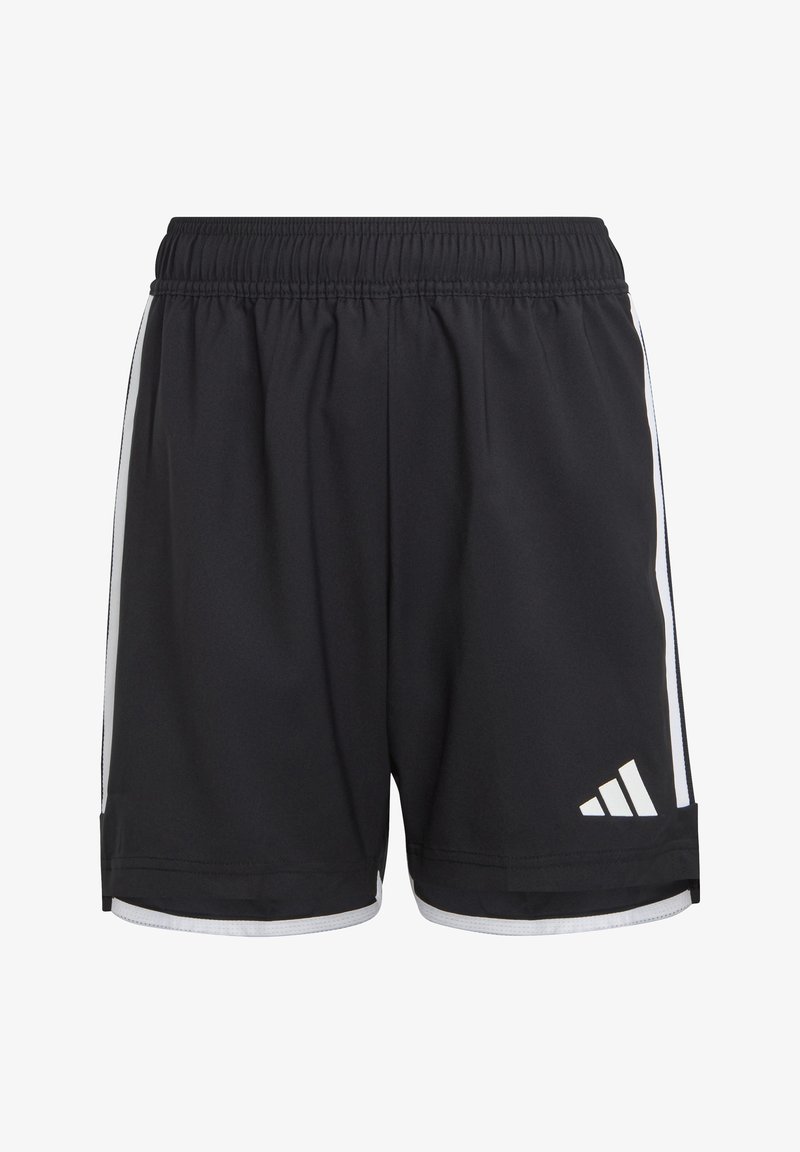 Schwarze Sportshorts mit einem elastischen Bund, weißen Seitenstreifen und einem auf der unteren Vorderseite rechts aufgedruckten weißen Logo.