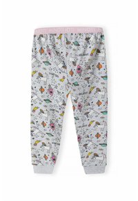 Pantalons de pyjama en coton gris avec un imprimé coloré mettant en scène des licornes, des fusées, des étoiles et des planètes. Taille élastique en rose clair.