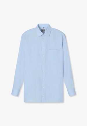 Light blue long-sleeve shirt made of smooth fabric. Features a pointed collar, front button closure, and a chest pocket on the left side.