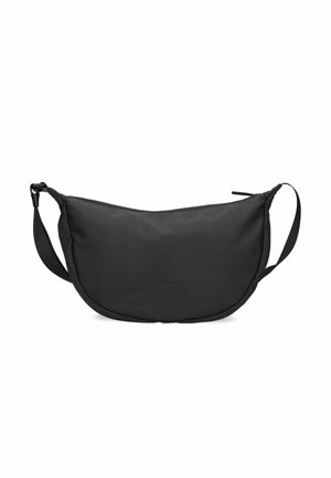 Black crescent-shaped crossbody bag with adjustable strap and zipper closure, plain design with subtle logo on front.