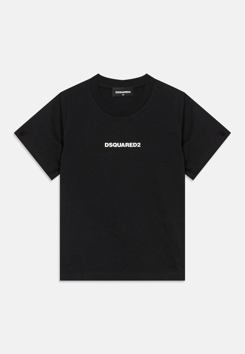 T-shirt noir à manches courtes avec « DSQUARED2 » imprimé en lettres capitales blanches centré sur la poitrine, sur fond uni.