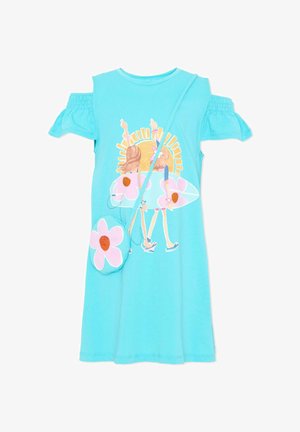 Robe turquoise à épaules dénudées avec un motif de planche de surf représentant deux filles, le soleil, et un sac bandoulière assorti en forme de fleur.