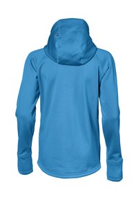 Blå hættetrøje med en glat tekstur, lange ærmer og afrundet kant. Inkluderer et lille emblem på hætten.