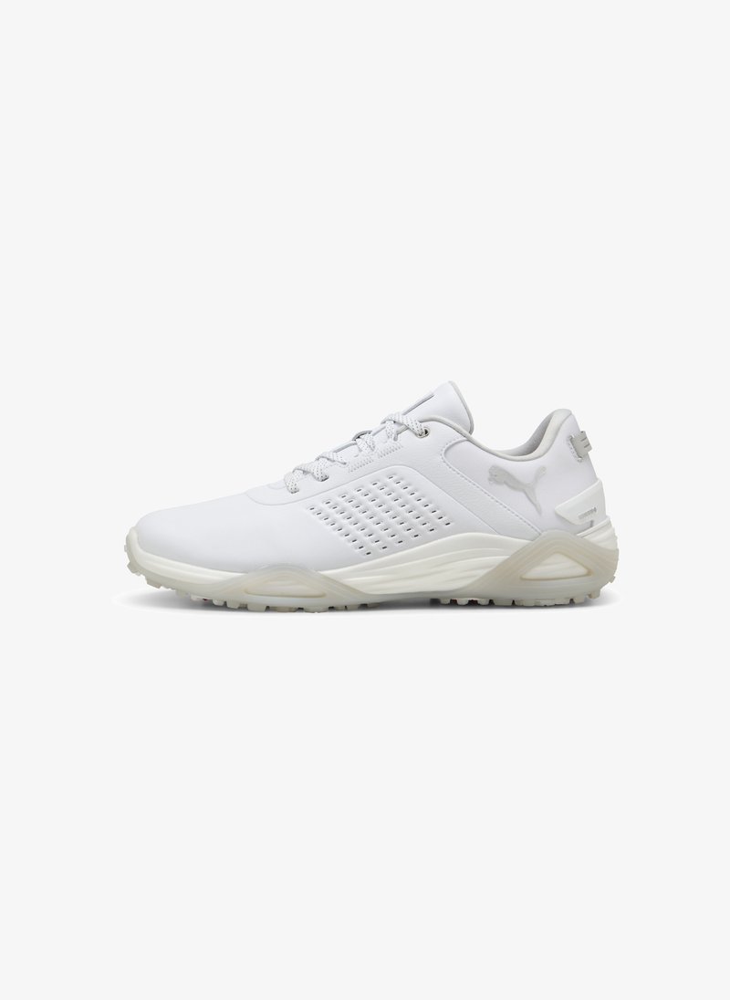 White athletic shoe with a smooth synthetic upper, perforated side for ventilation, and textured rubber outsole. Features gray accents and laces.