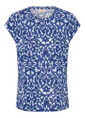 Sinine ja valge lühikeste varrukatega topp, millel on lillemuster rohelistes toonides. Ümmargune kaelus ja mugav lõige. Kerge kangas.