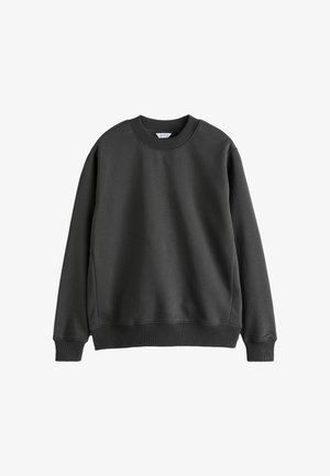 Dark gray sweatshirt made of soft fabric. Features a round neckline, ribbed cuffs, and a relaxed fit. Smooth texture with minimal detailing.