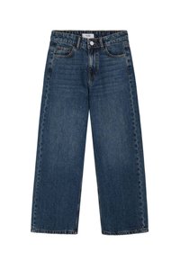 Jeans de denim azul oscuro con un corte recto y de pierna ancha. Las características incluyen un cierre de botones en la parte frontal, cinco bolsillos y un acabado desgastado con efecto de desgaste.