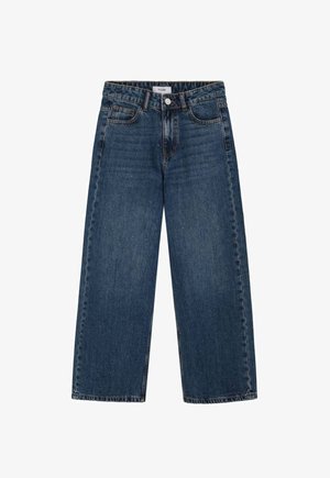 Jeans de denim azul oscuro con un corte recto y de pierna ancha. Las características incluyen un cierre de botones en la parte frontal, cinco bolsillos y un acabado desgastado con efecto de desgaste.