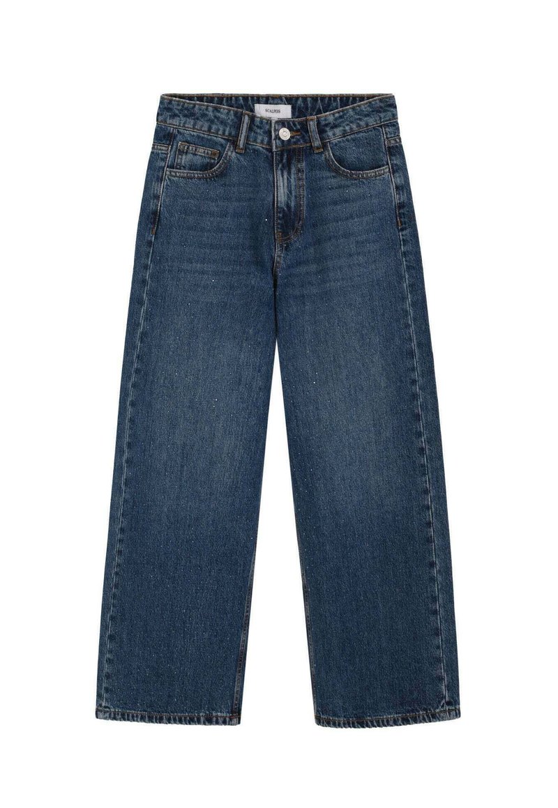 Jeans de denim azul oscuro con un corte recto y de pierna ancha. Las características incluyen un cierre de botones en la parte frontal, cinco bolsillos y un acabado desgastado con efecto de desgaste.