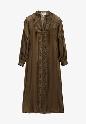 Brązowa przezroczysta sukienka z długimi rękawami, dekoltem w kształcie litery V, z materiałowym zapięciem i wyszywanymi detalami wzdłuż środka. Lekka i zwiewna konstrukcja.