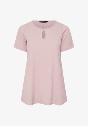 Vaaleanpunainen lyhythihainen pusero, jossa on pyöreä pääntie, avonainen silmukka ja edessä pieni koristeellinen sydämenmuotoinen solki.