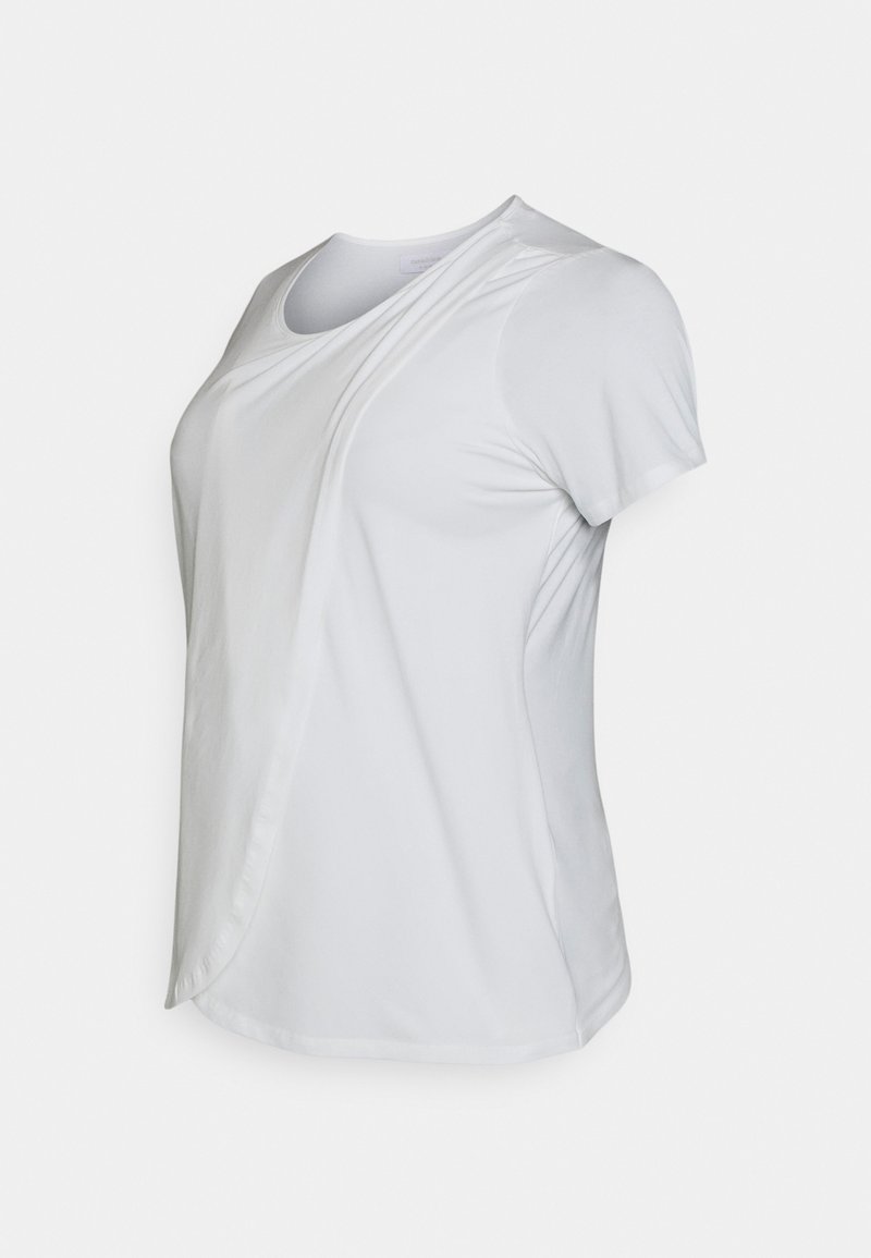 T-shirt branco de manga curta com um decote redondo e detalhe drapeado na frente. Feito de um tecido liso e leve. Design simples sem padrões.