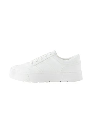 White leather sneaker with a round toe, textured surface, six eyelet lace-up design, and a chunky white rubber sole.