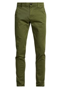 Olivgrön bomullschinos med en mjuk textur, raka ben, fickor fram och knäppning i midjan.